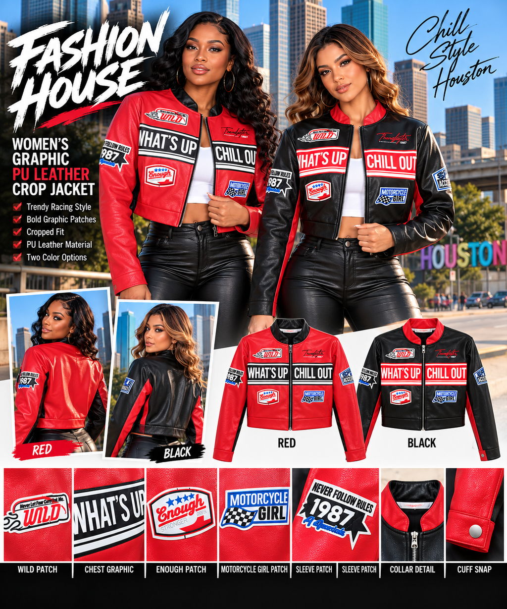 Women's Graphic PU Leather Racing Crop Jacket – Red & Black