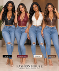 PU Leather Halter V-Neck Zipper Crop Top