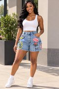 Multi Patch Acid Wash Cargo Denim Shorts