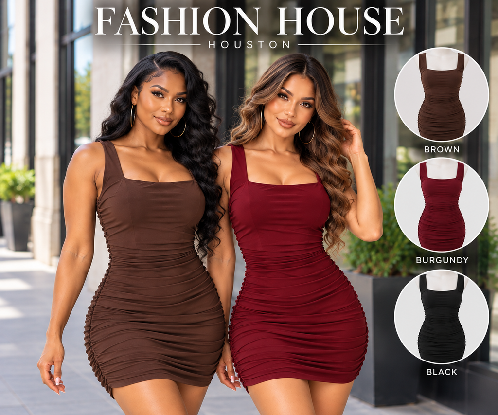 Square Neck Ruched Mesh Bodycon Mini Dress