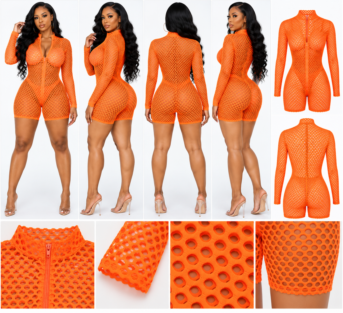 Orange Fishnet Zip-Front Bike Romper