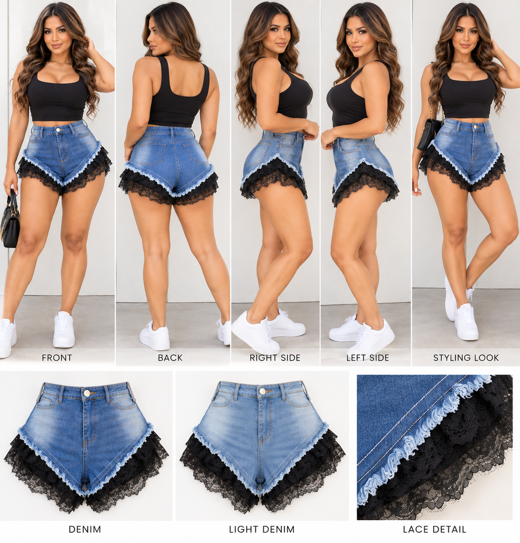 High-Waisted Denim Booty Shorts with Black Lace Trim