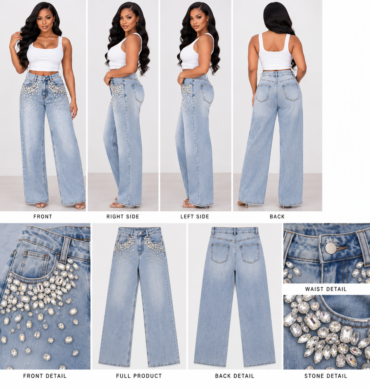 Rhinestone Embellished Light Wash Wide Leg Jeans