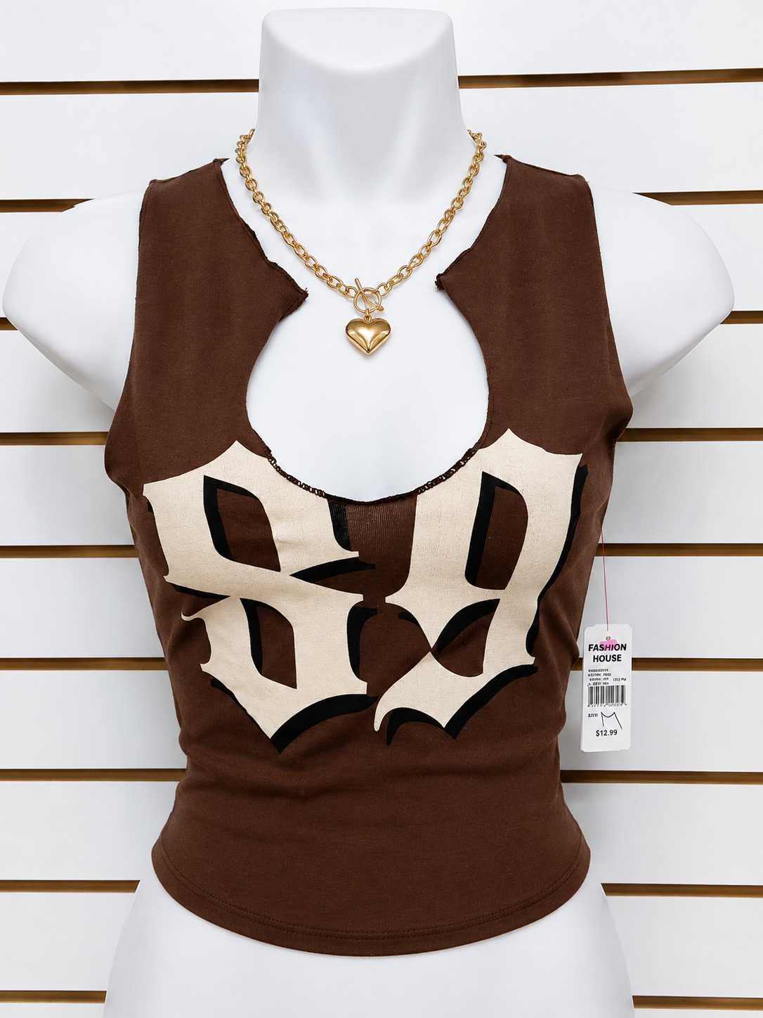 Brown Graphic Cutout Sleeveless Top
