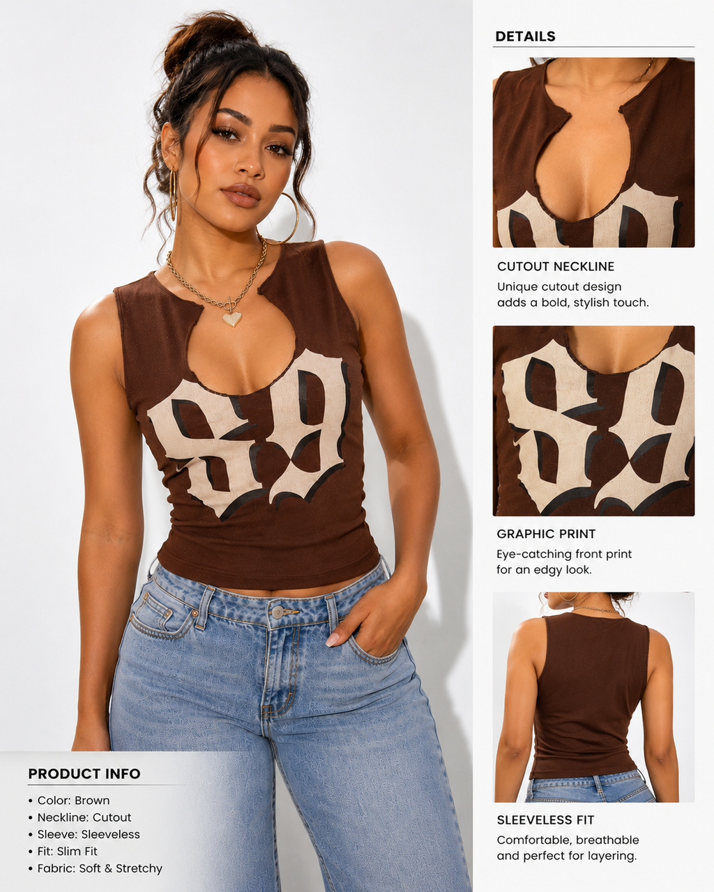 Brown Graphic Cutout Sleeveless Top