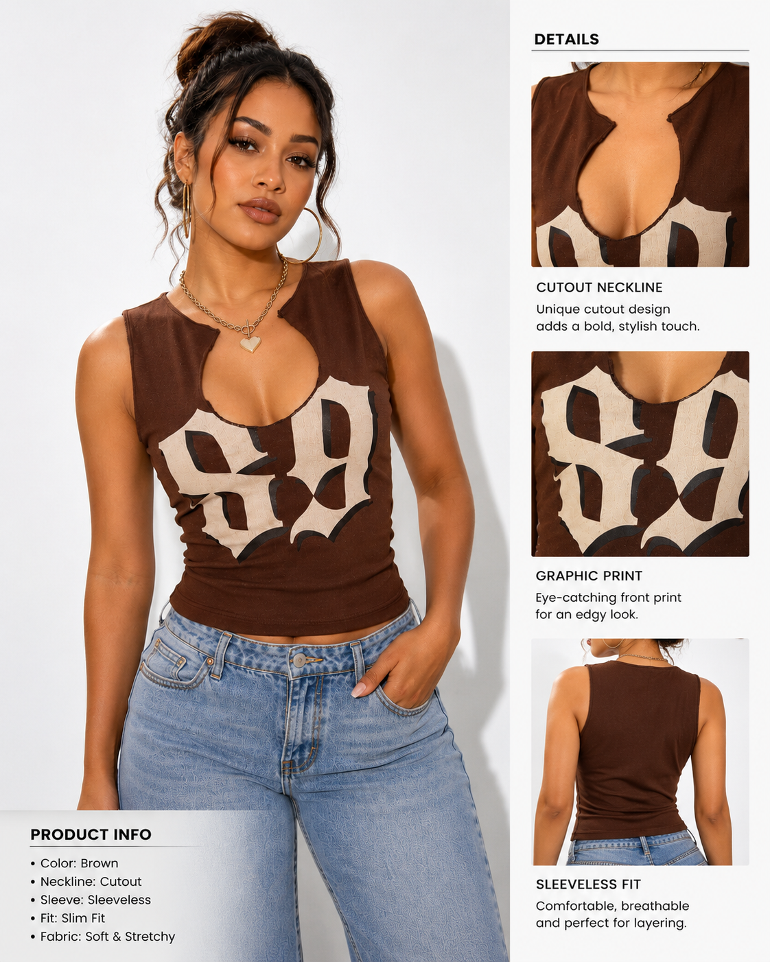 Brown Graphic Cutout Sleeveless Top