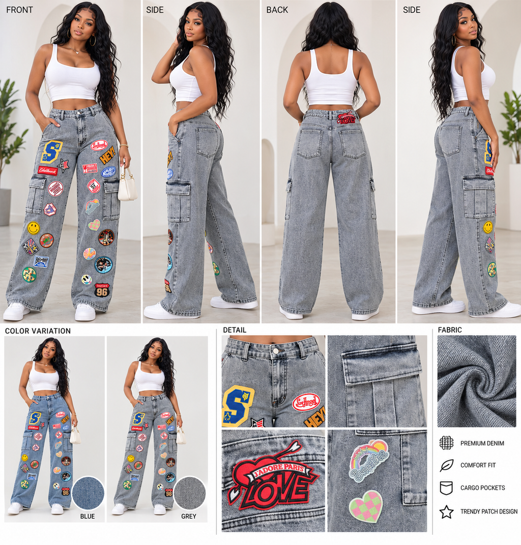Patch Detail Wide Leg Cargo Jeans