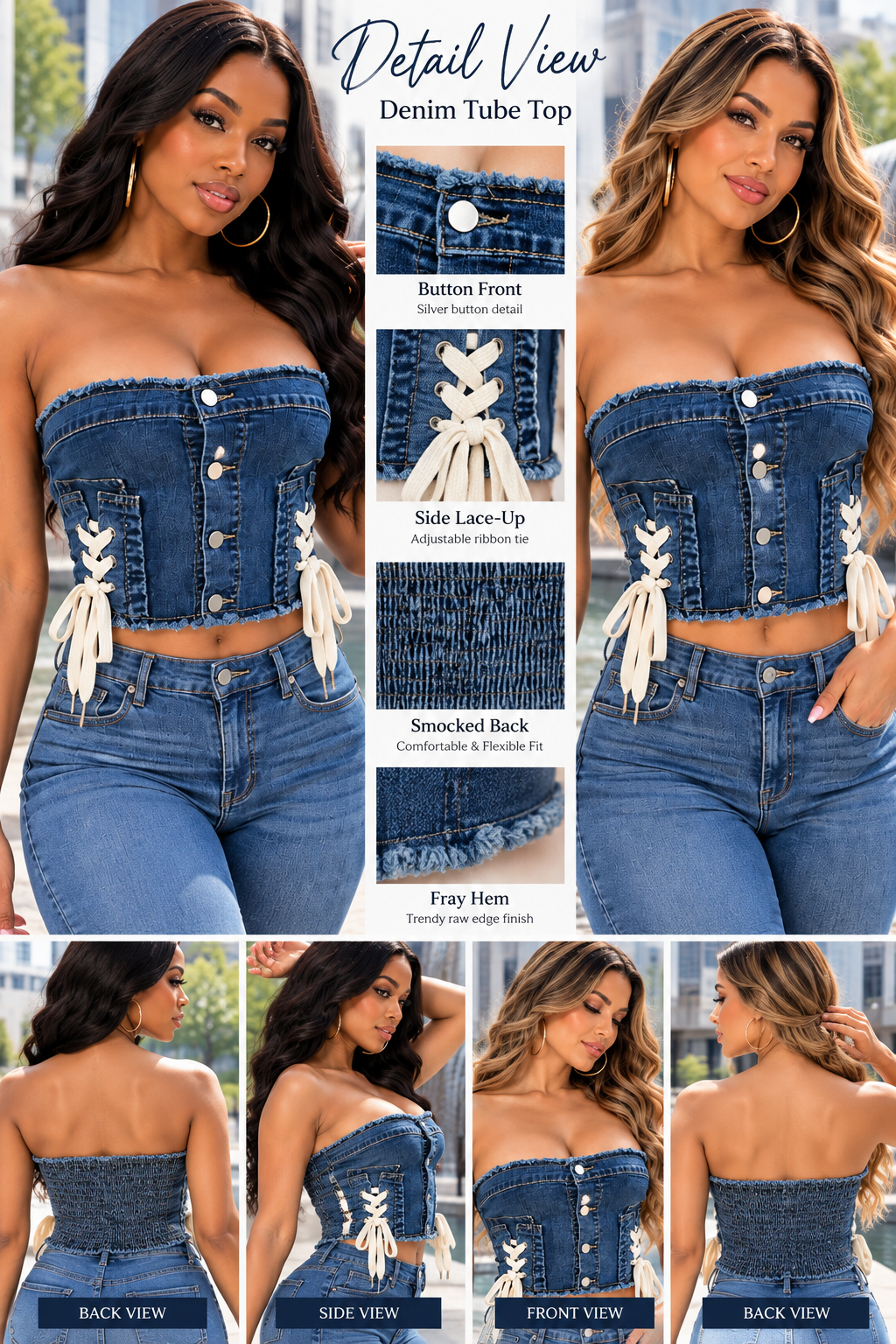 Women's Dark Blue Denim Lace-Up Strapless Crop Top