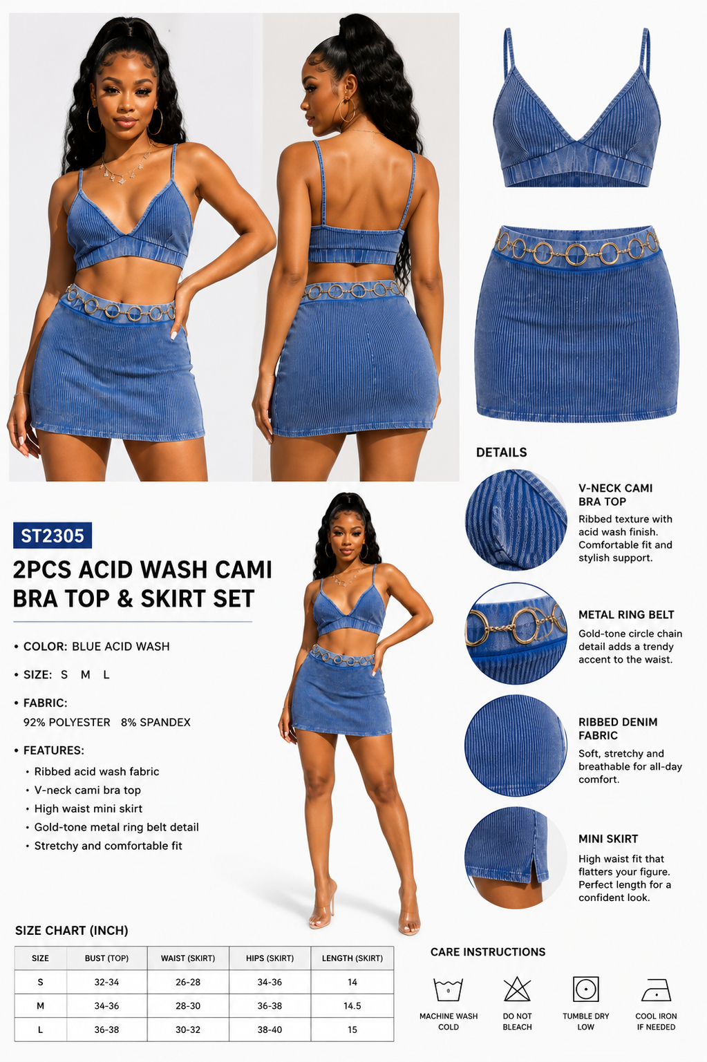 Blue Acid Wash Cami Top & Mini Skirt 2-Piece Set
