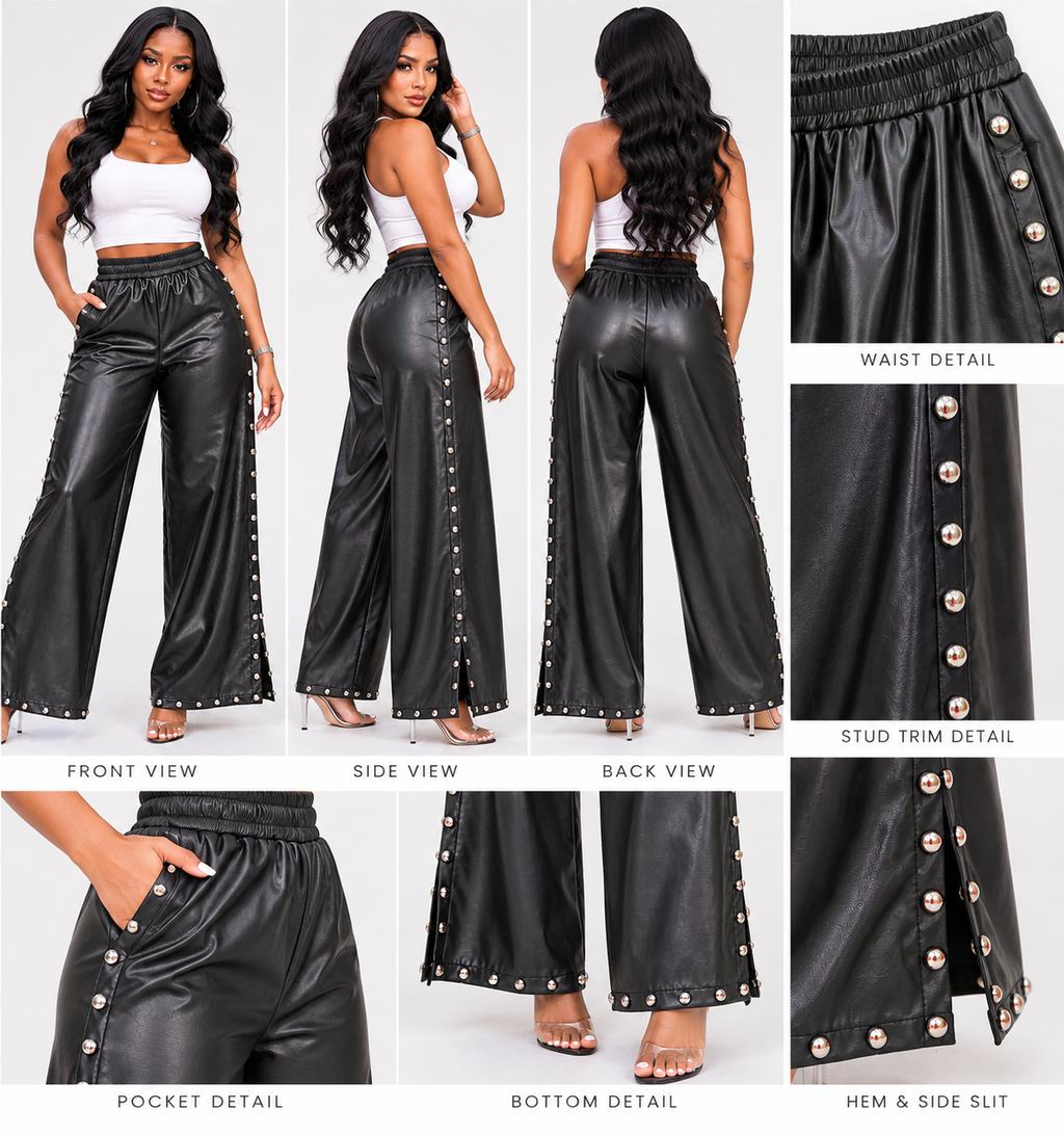 Black Faux Leather Stud Trim Wide-Leg Pants