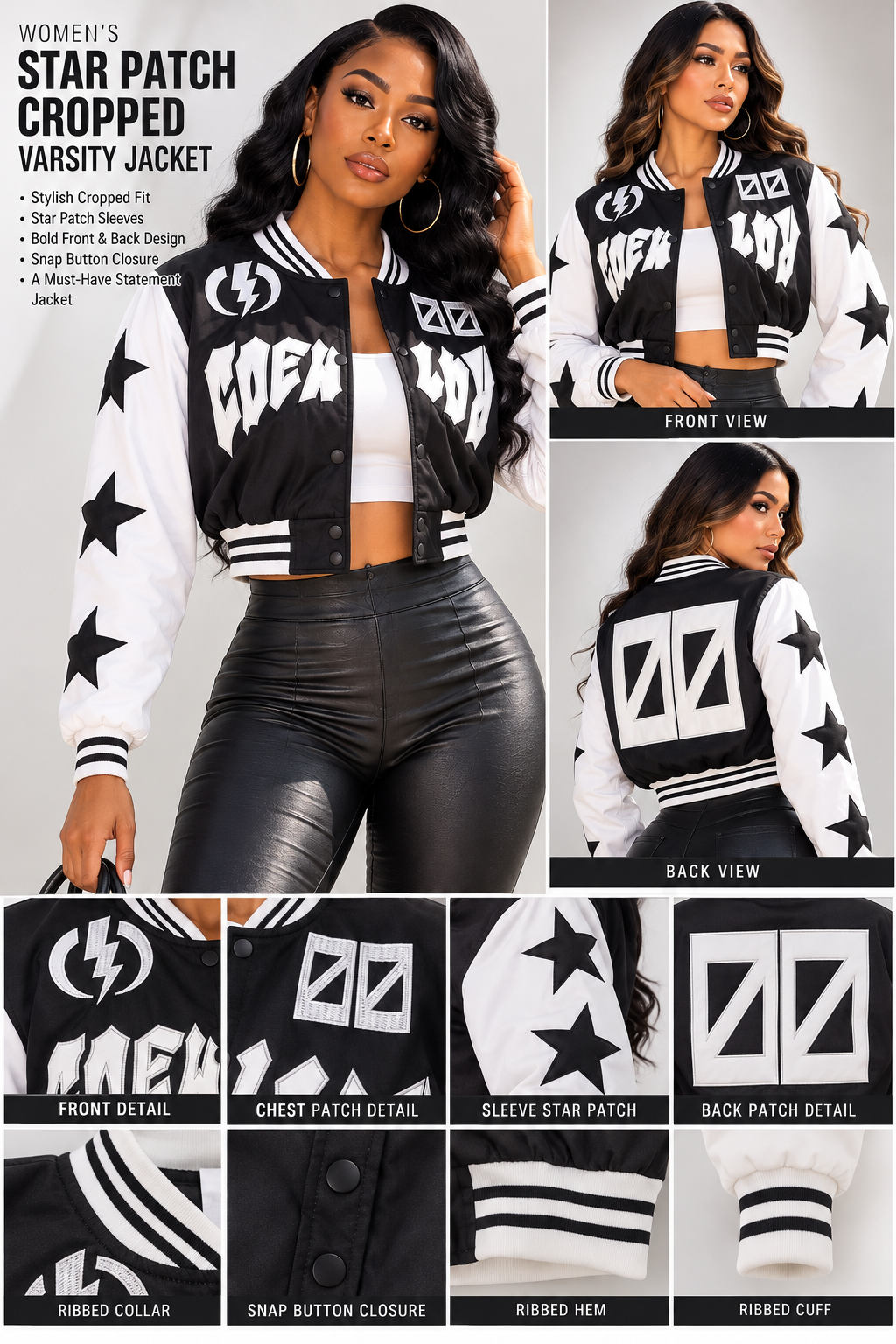 Women's Star Patch Cropped Varsity Jacket – Black/White