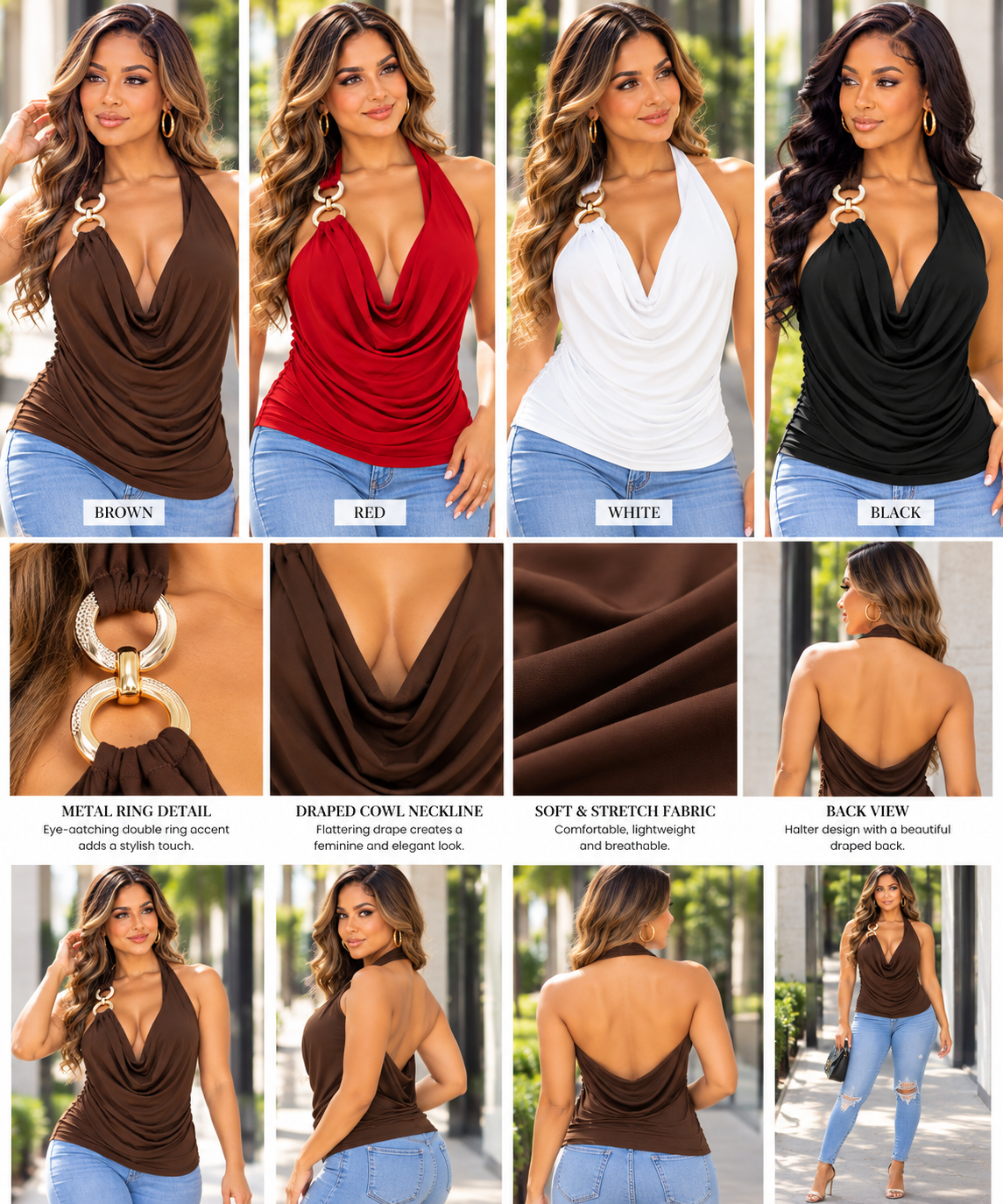 Metal Ring Draped Halter Top