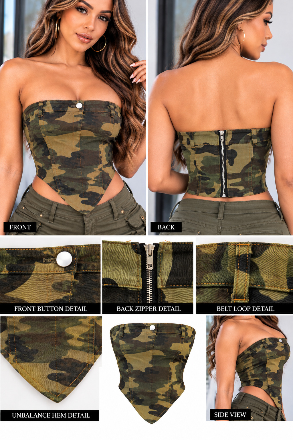 Army Unbalance Tube Top with Zipper Back