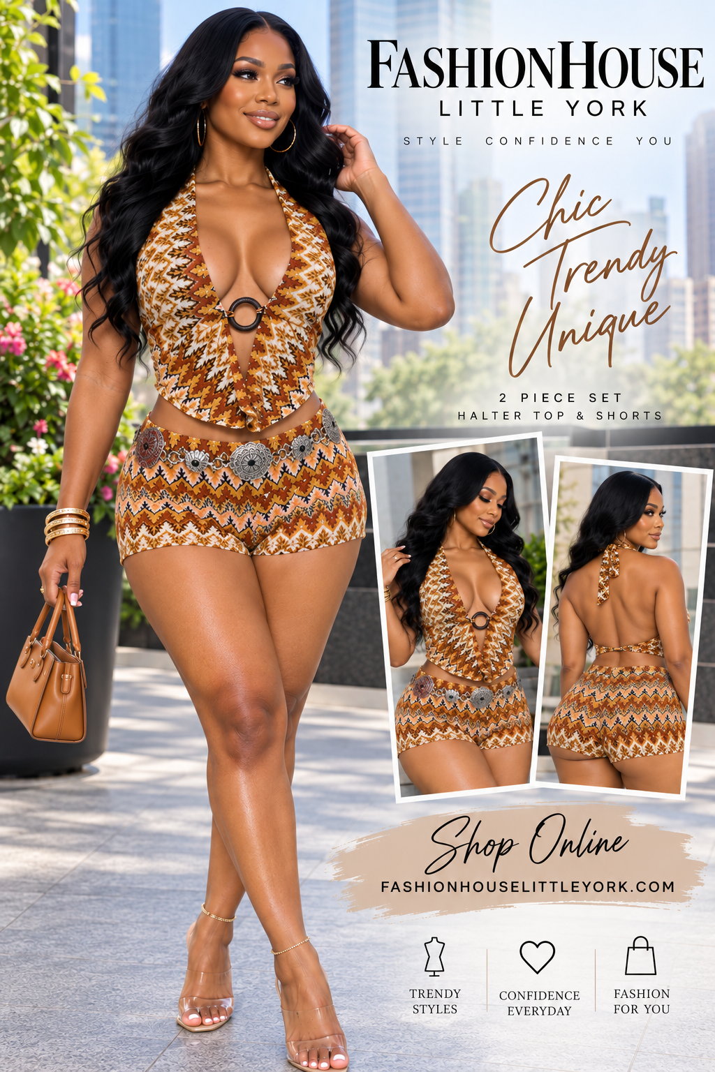 Geometric Print Ring Detail Halter Top & Shorts 2-Piece Set