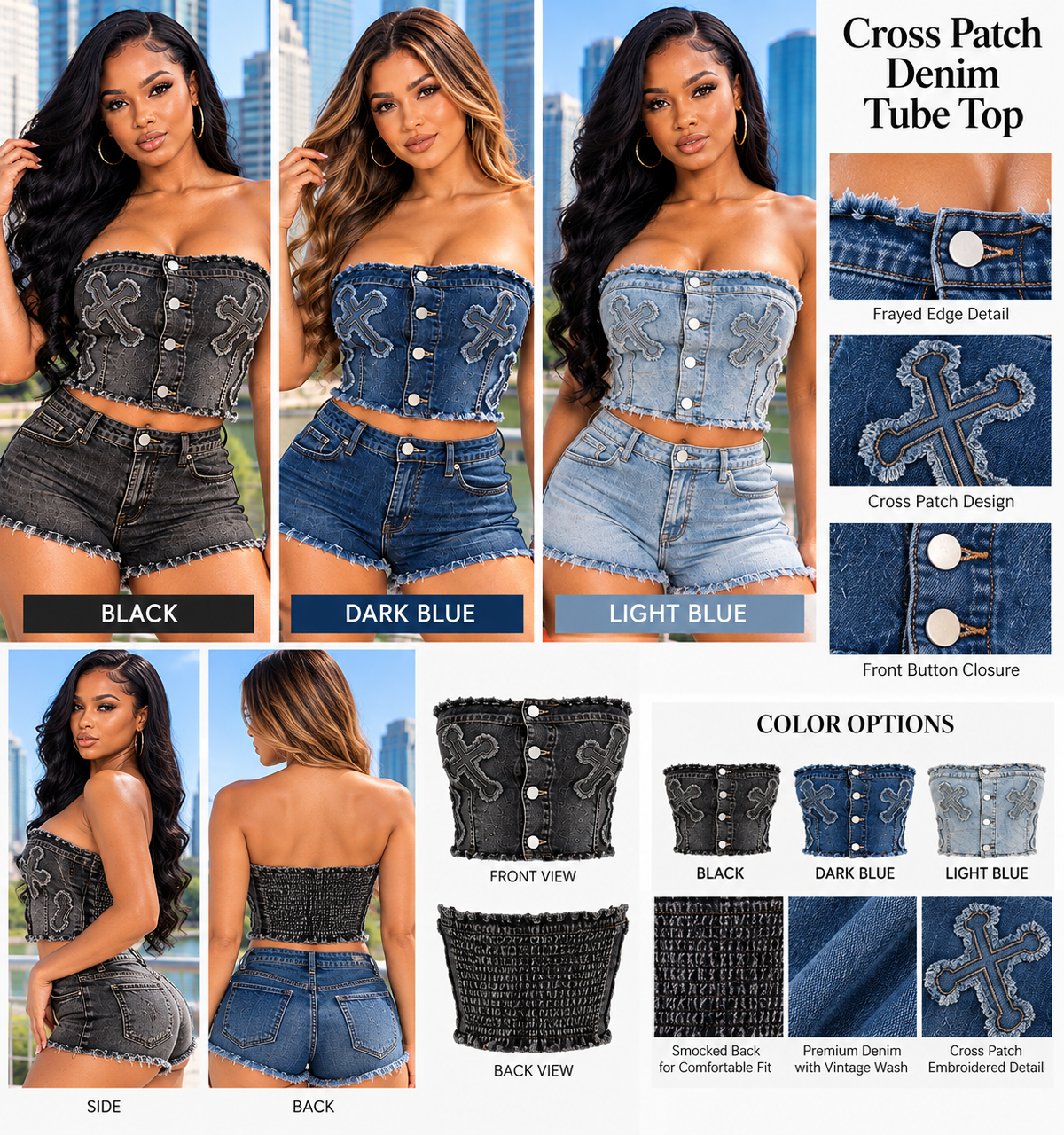 Cross Patch Distressed Denim Tube Top – 3 Colors