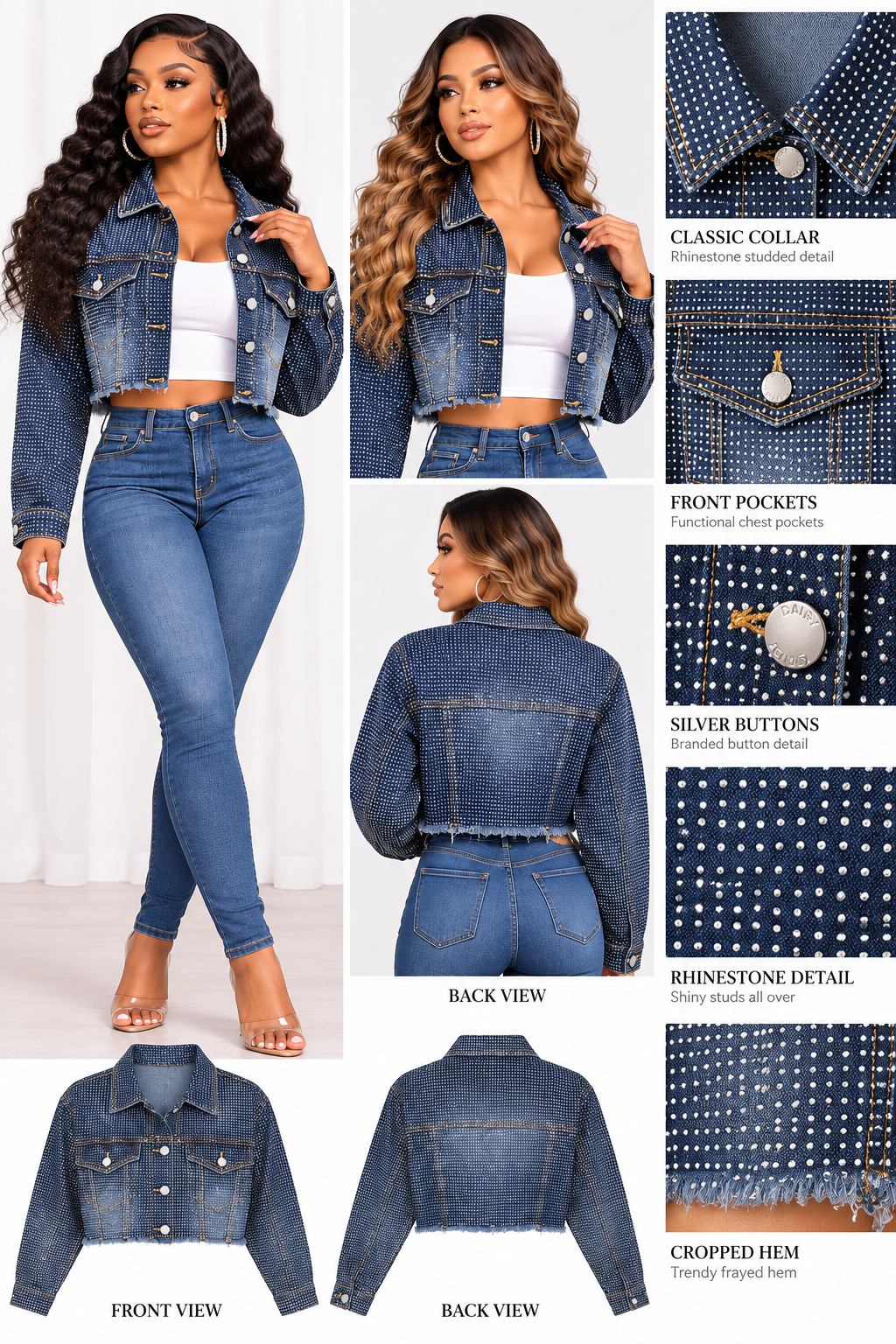 Women's Rhinestone Studded Cropped Denim Jacket – Dark Blue