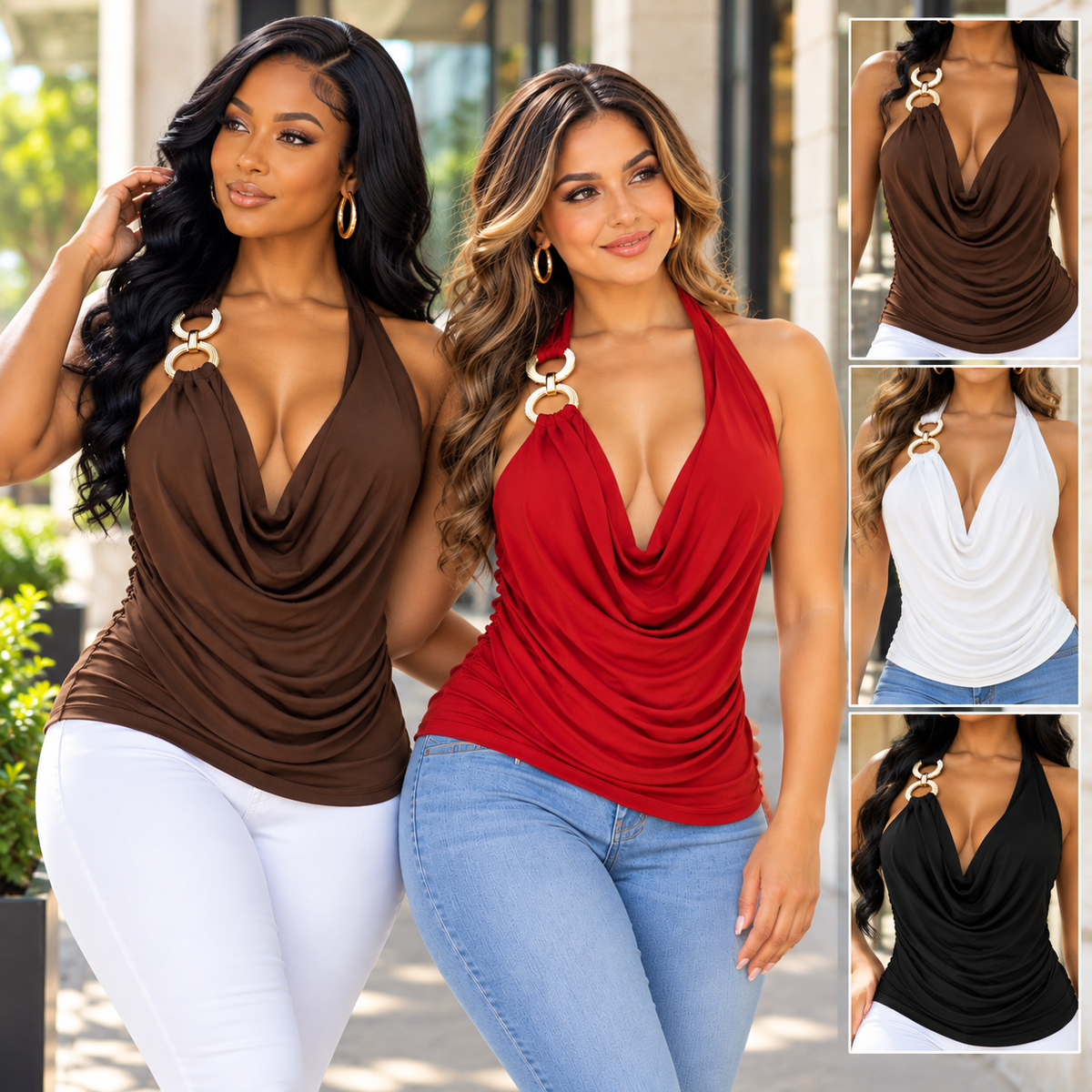 Metal Ring Draped Halter Top