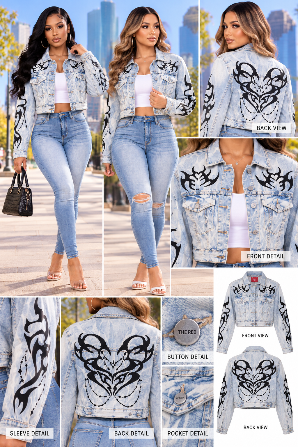 Seville Blue Tribal Heart Print Cropped Denim Jacket
