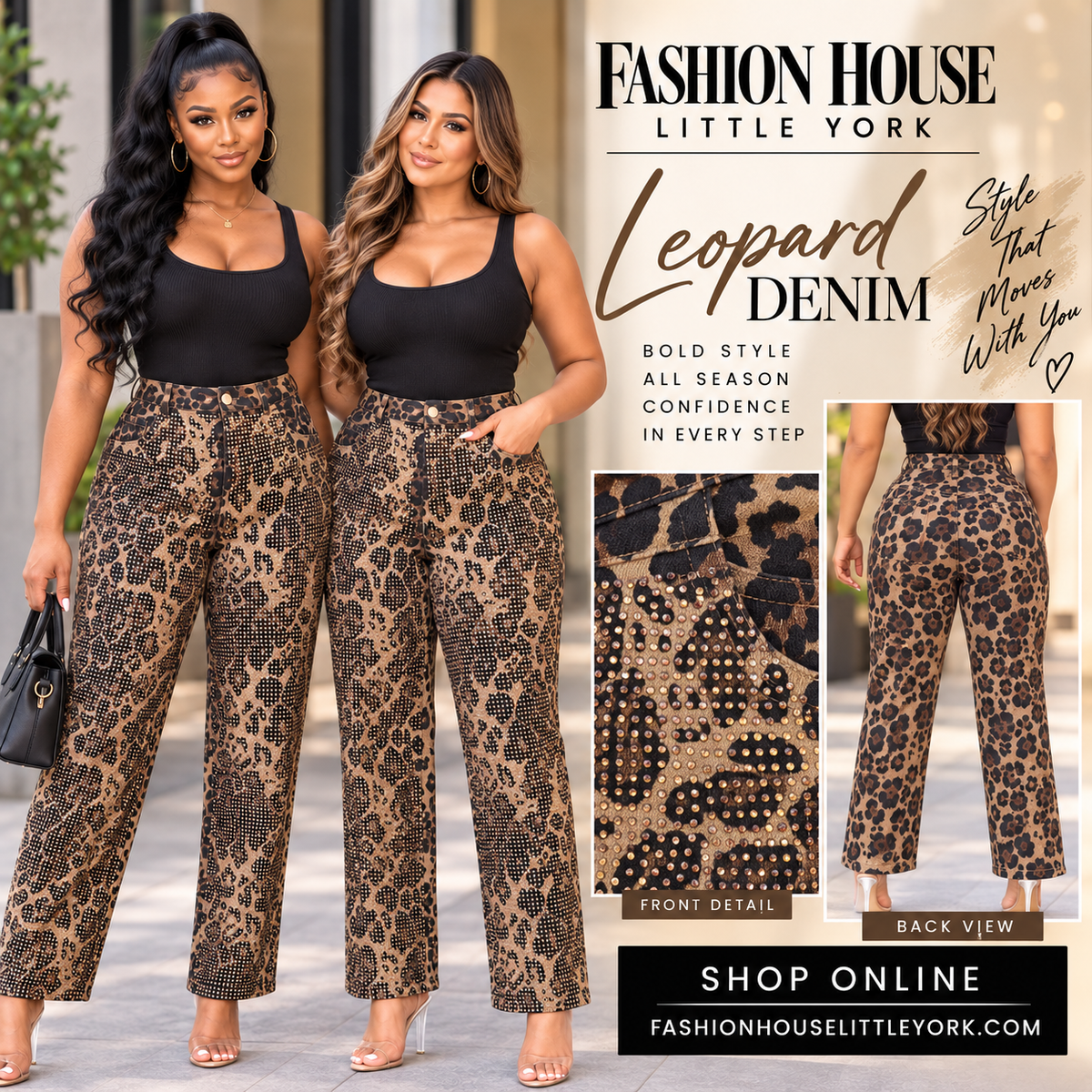 Leopard Rhinestone Wide-Leg Denim Pants