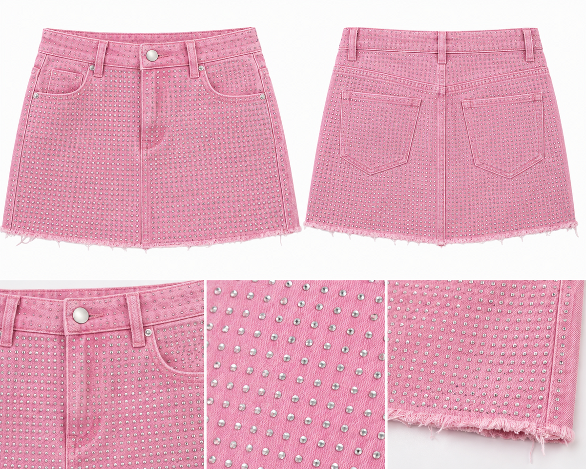 Pink Rhinestone Denim Mini Skirt