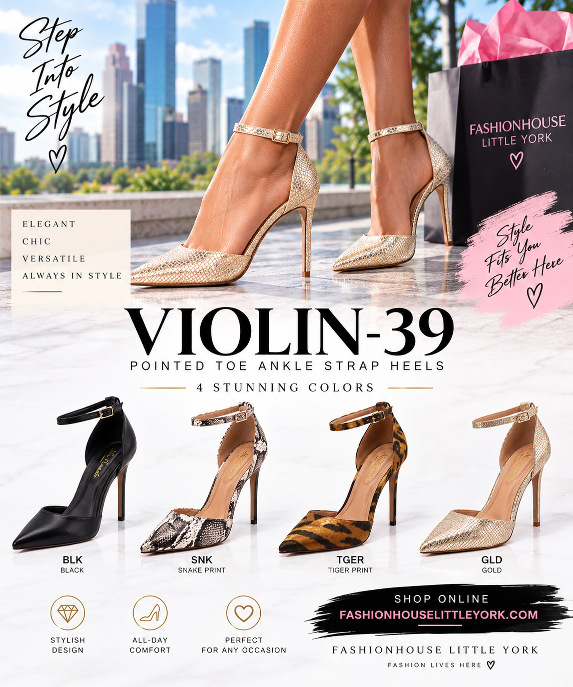 VIOLIN-39 Pointed Toe Ankle Strap Stiletto Heels