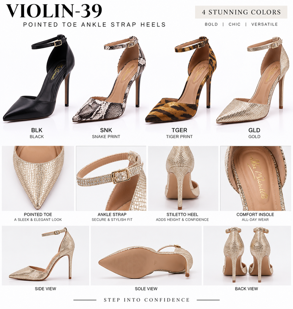 VIOLIN-39 Pointed Toe Ankle Strap Stiletto Heels