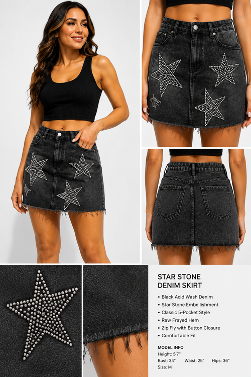 Black Star Rhinestone Denim Mini Skirt