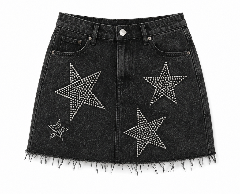 Black Star Rhinestone Denim Mini Skirt
