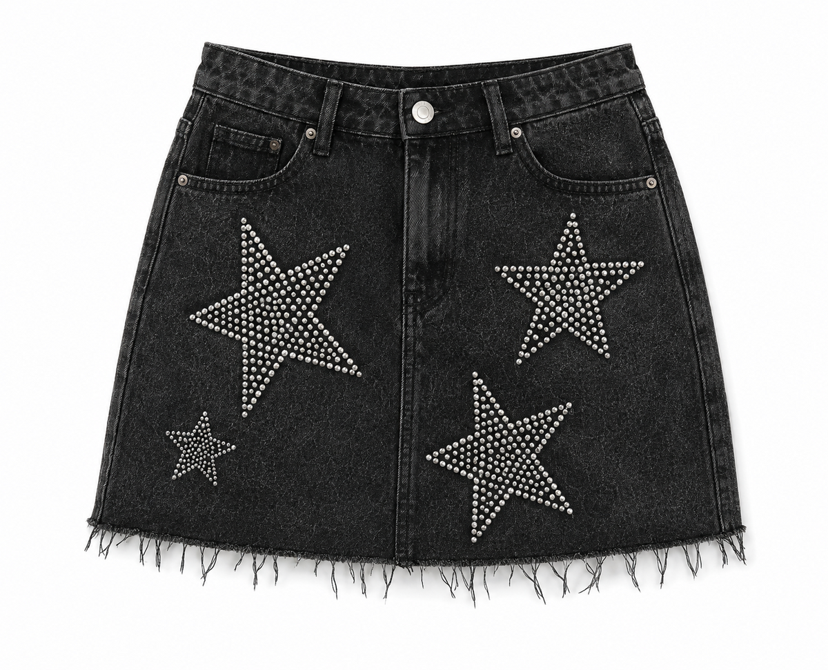 Black Star Rhinestone Denim Mini Skirt