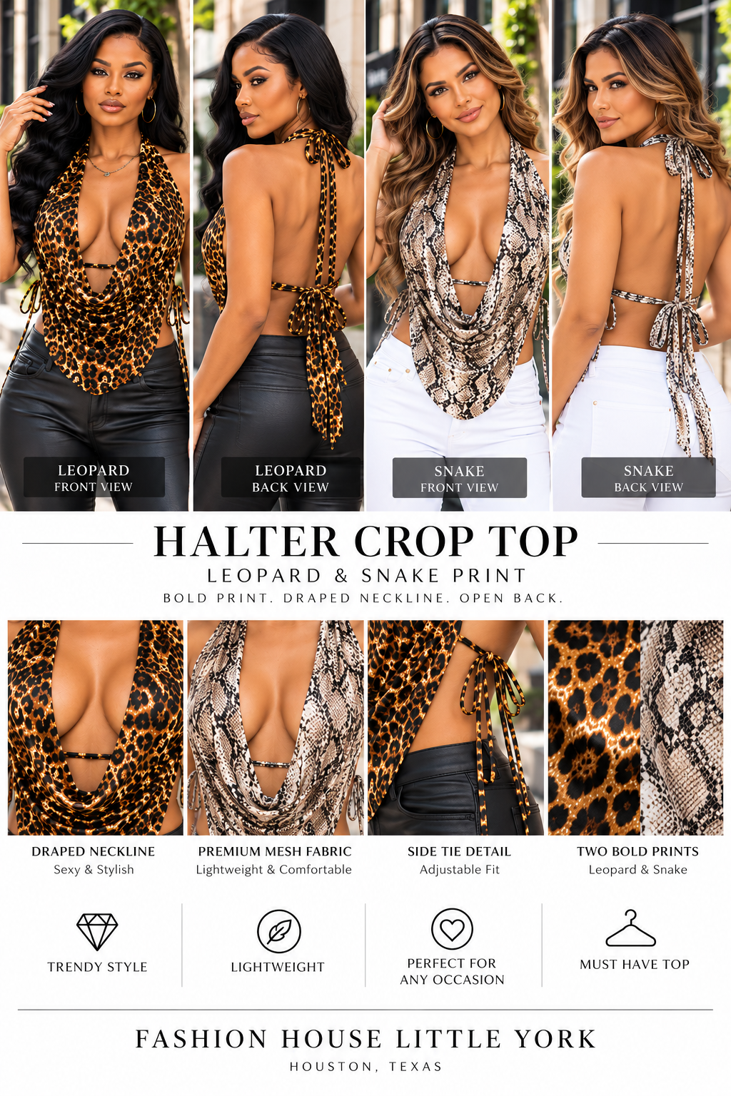 Animal Print Draped Halter Crop Top