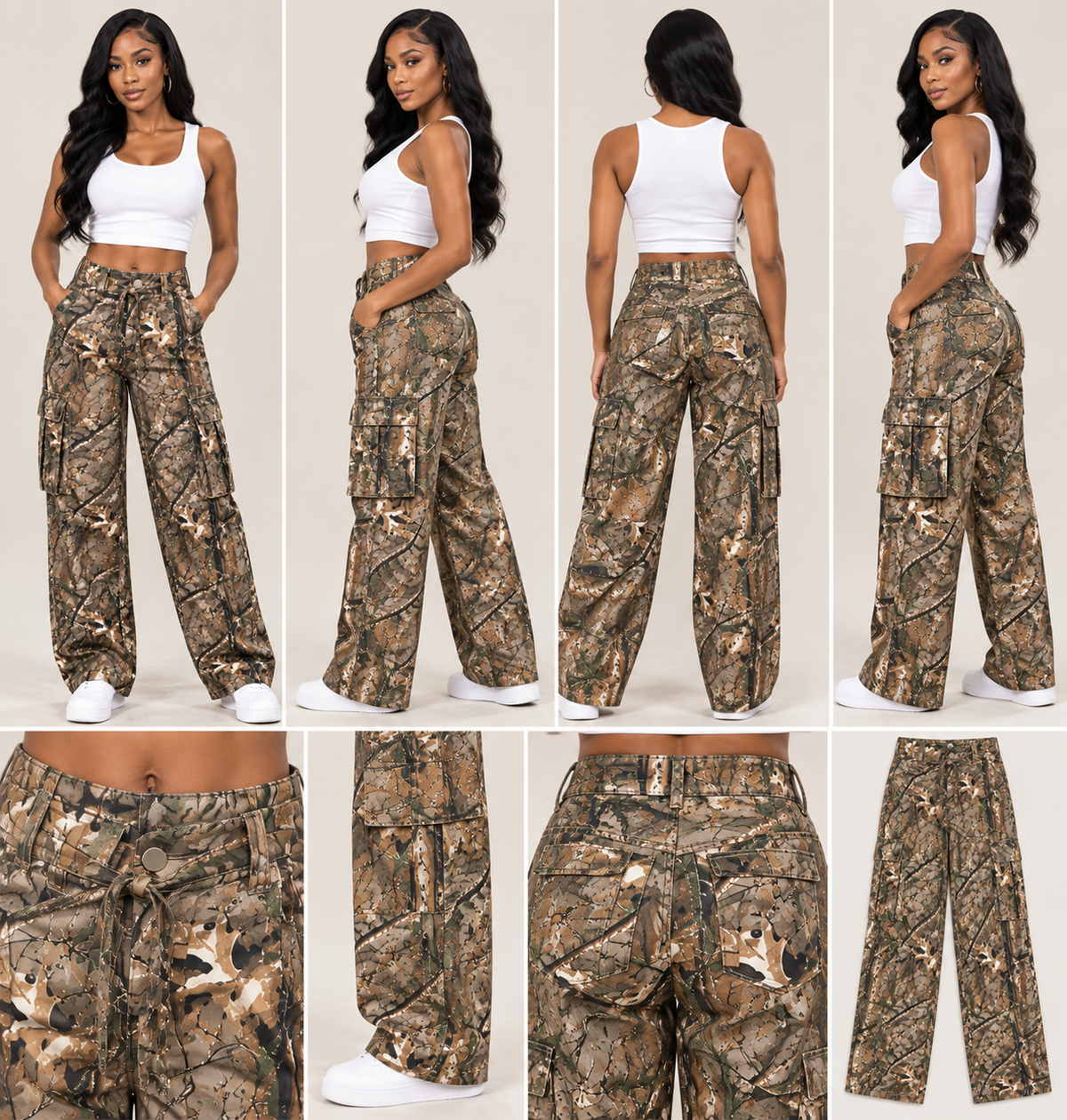 Realtree Print High Rise Cargo Denim Pants with Drawstring