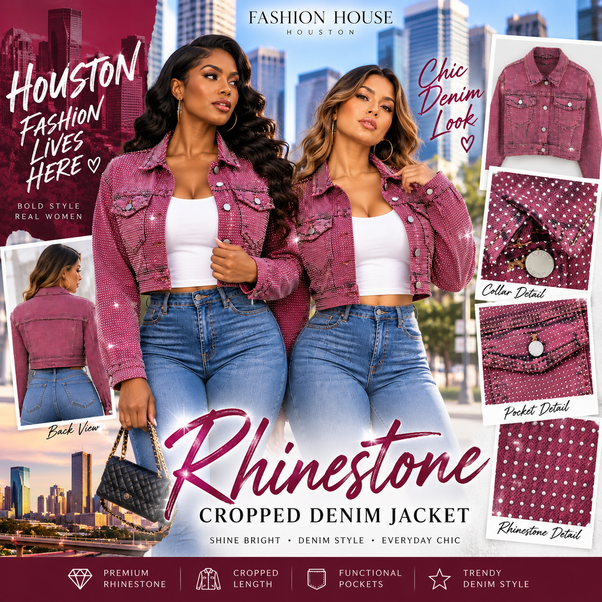 Burgundy Rhinestone Acid Wash Cropped Denim Jacket