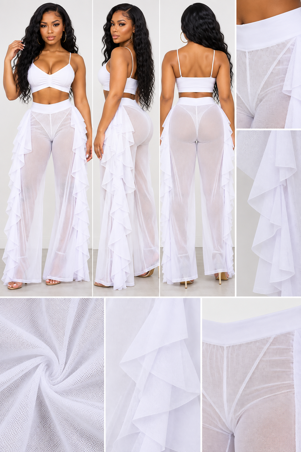 Ruffle Mesh High Waist Long Pants – White