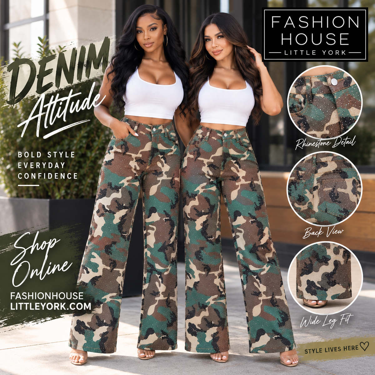 Camo Rhinestone Wide Leg Denim Pants