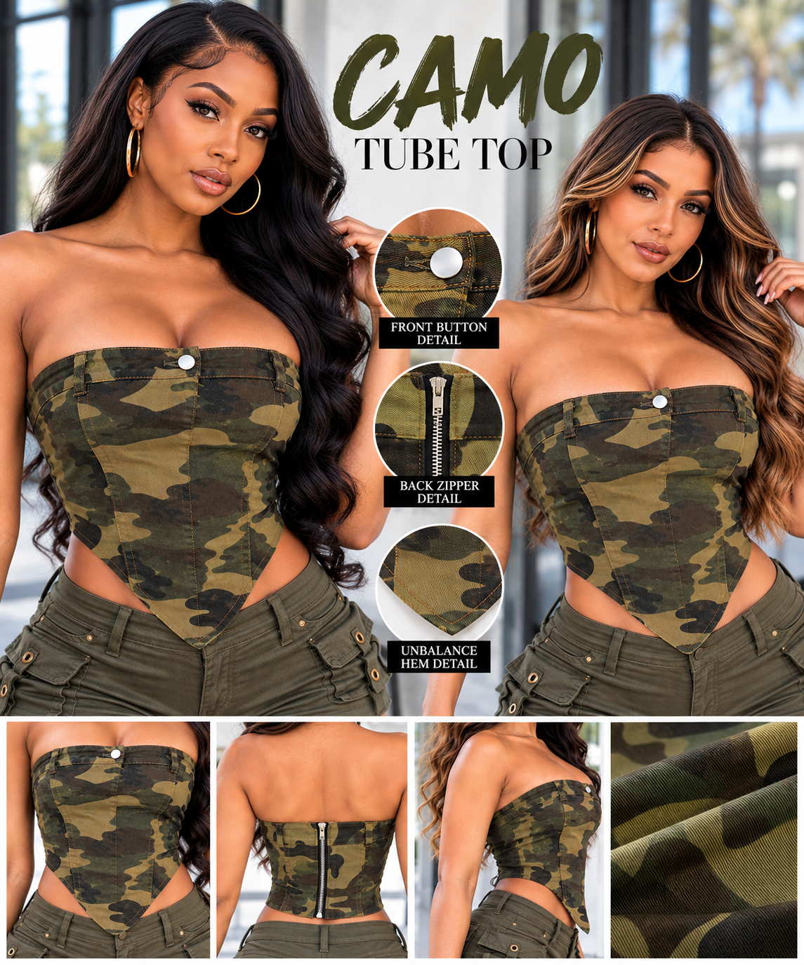 Army Unbalance Tube Top with Zipper Back