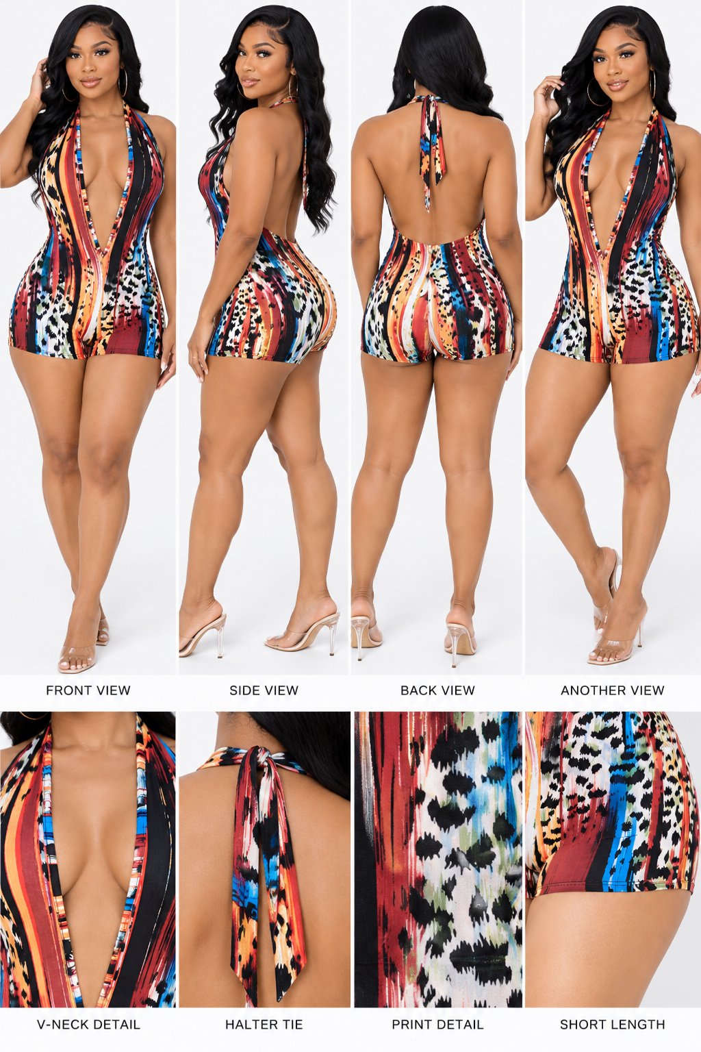 Multi Print Halter V-Neck Open Back Short Romper – TJ2621