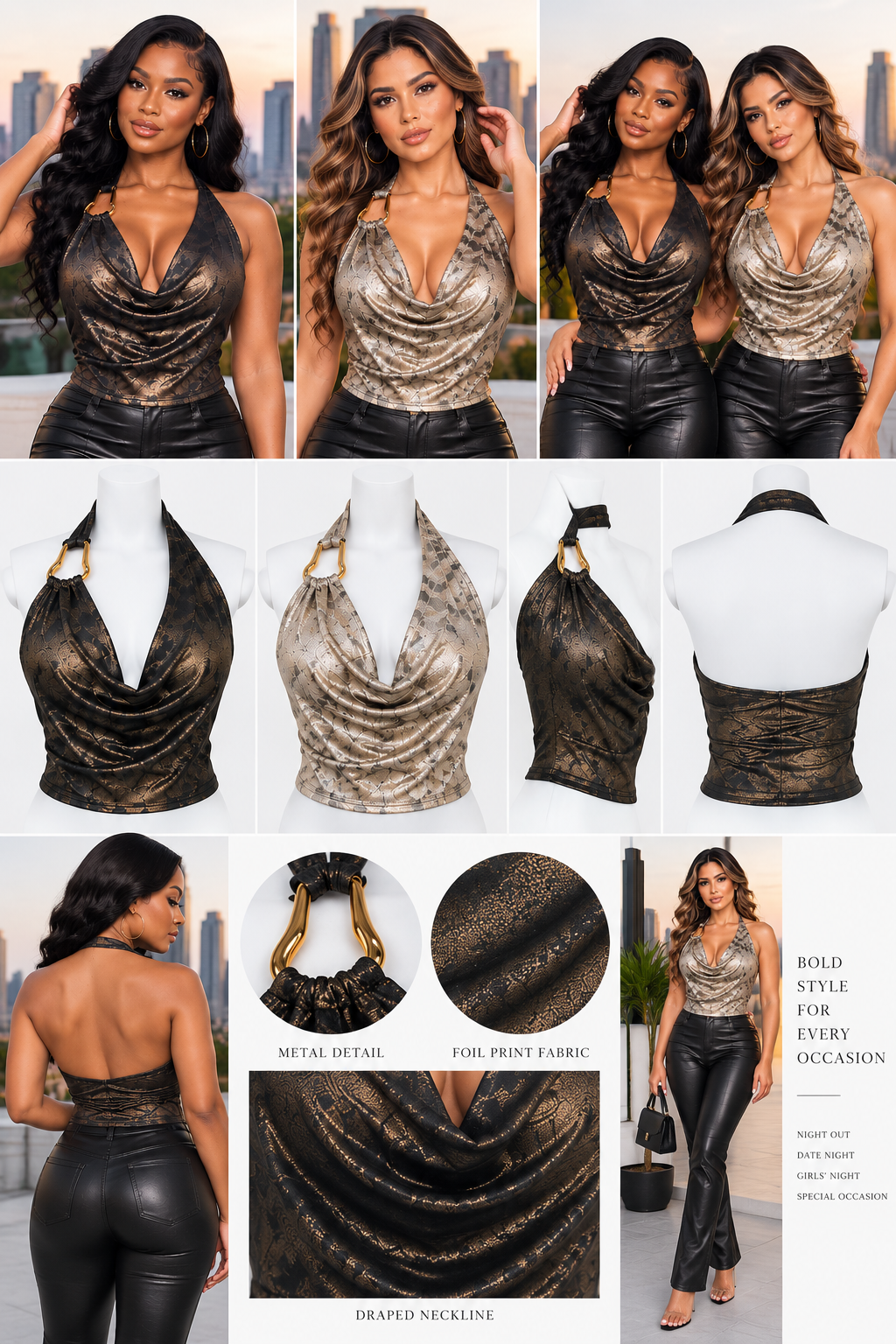 Metallic Foil Draped Halter Top with Metal Detail