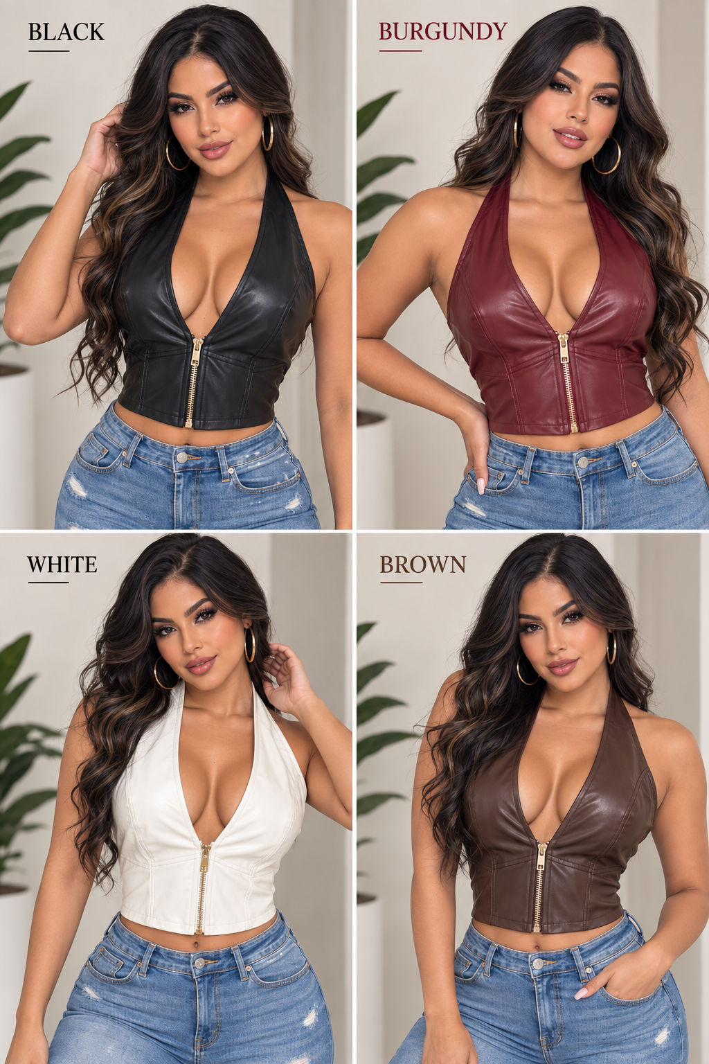 PU Leather Halter V-Neck Zipper Crop Top