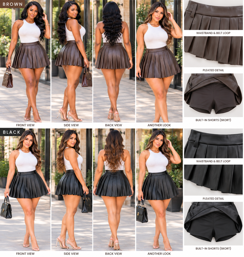 PU Leather Pleated Mini Skort