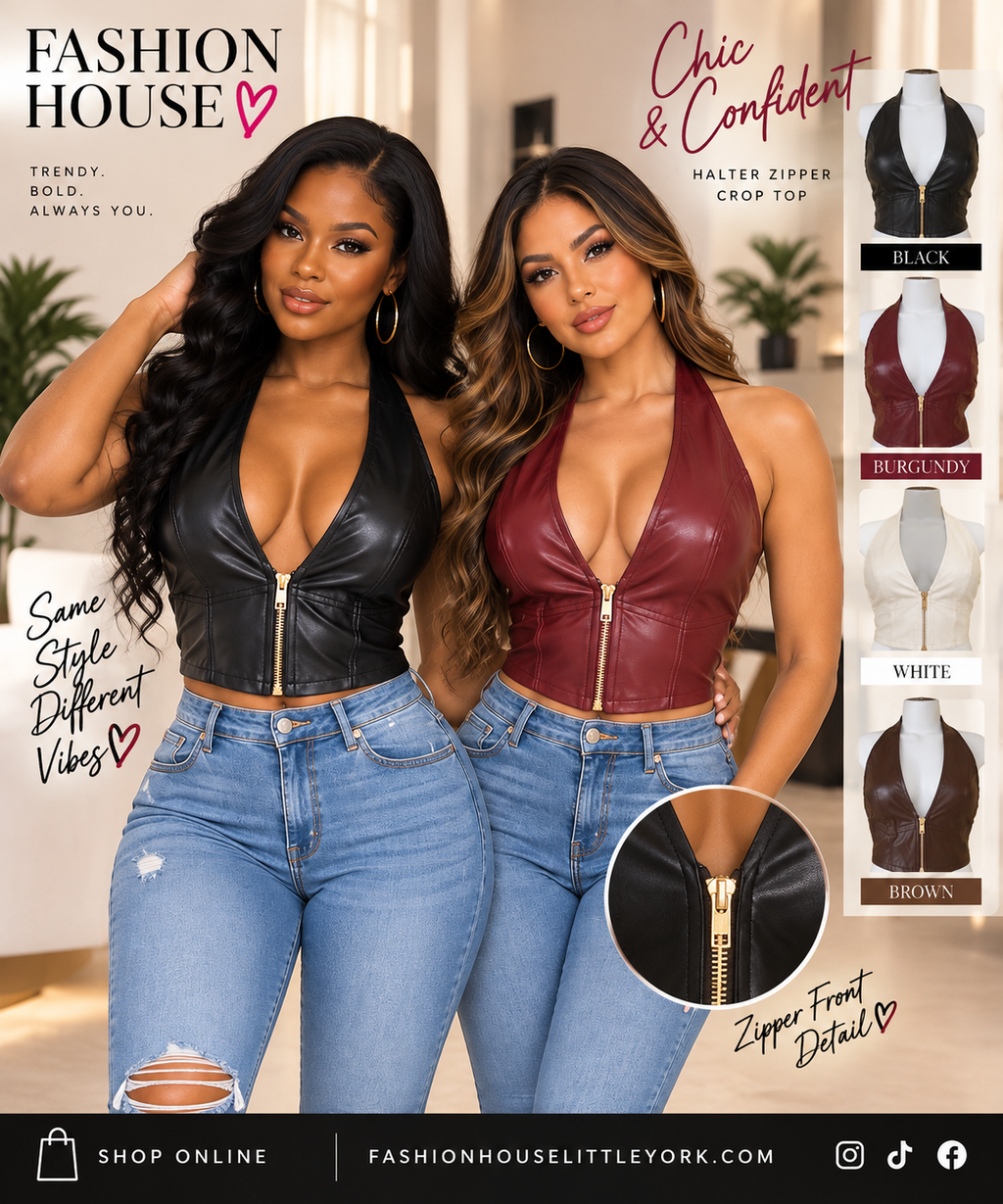 PU Leather Halter V-Neck Zipper Crop Top