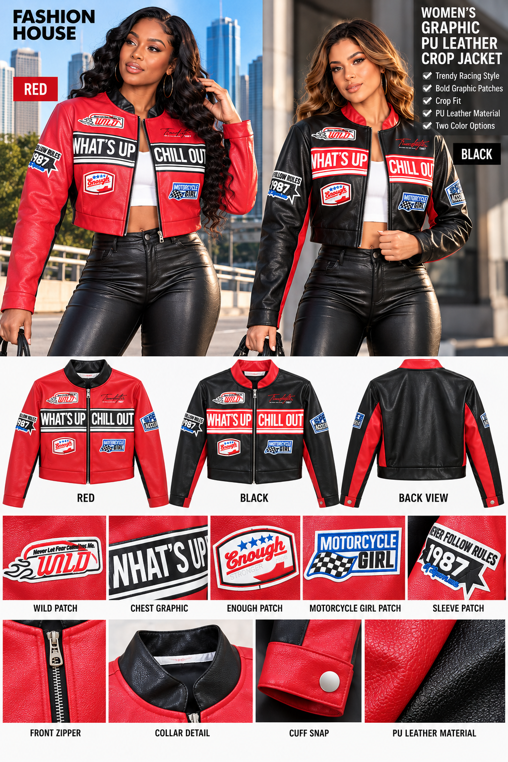Women's Graphic PU Leather Racing Crop Jacket – Red & Black