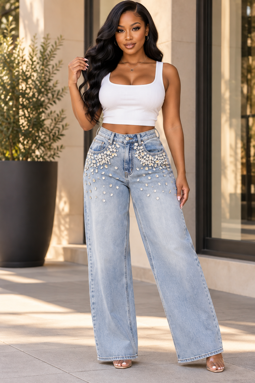 Rhinestone Embellished Light Wash Wide Leg Jeans