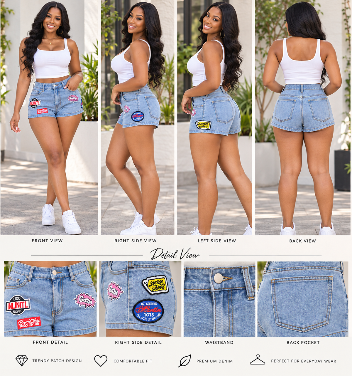 Patch Detail Acid Wash Denim Shorts