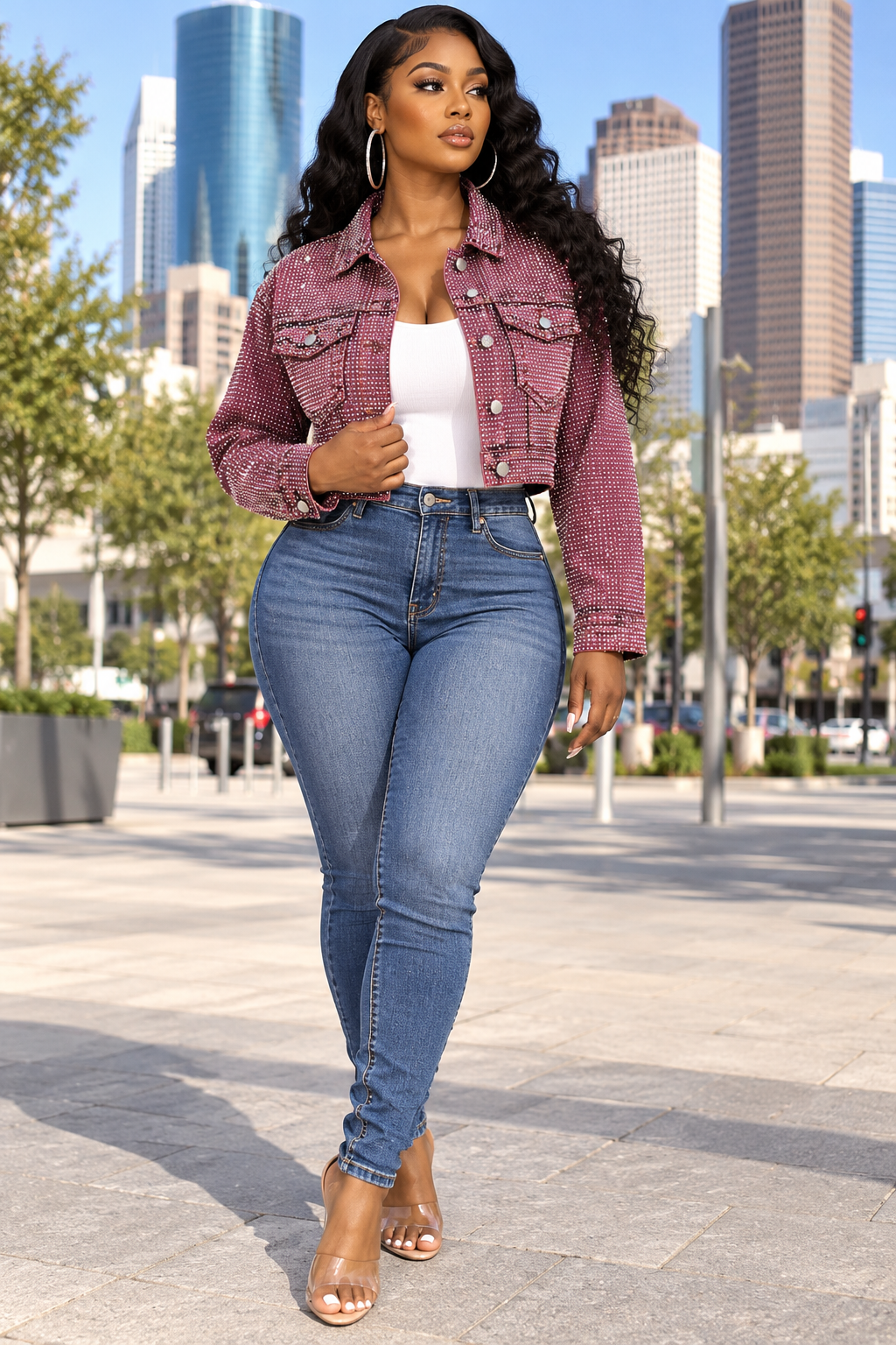 Burgundy Rhinestone Acid Wash Cropped Denim Jacket