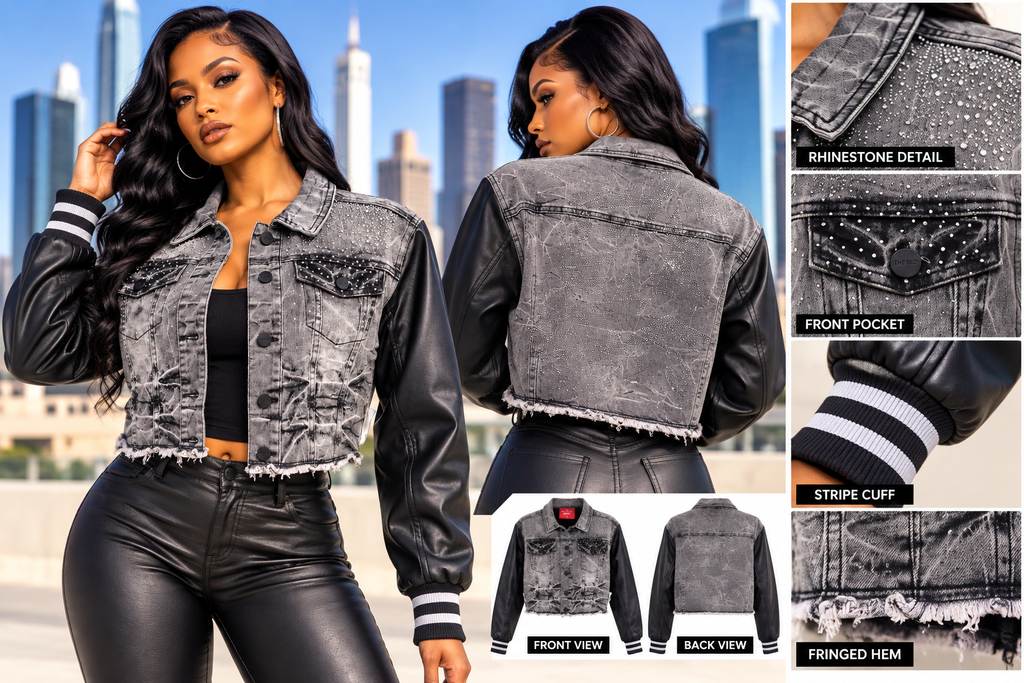 Gray Rhinestone Star Acid Wash Denim Crop Jacket with Faux Leather Sleeves