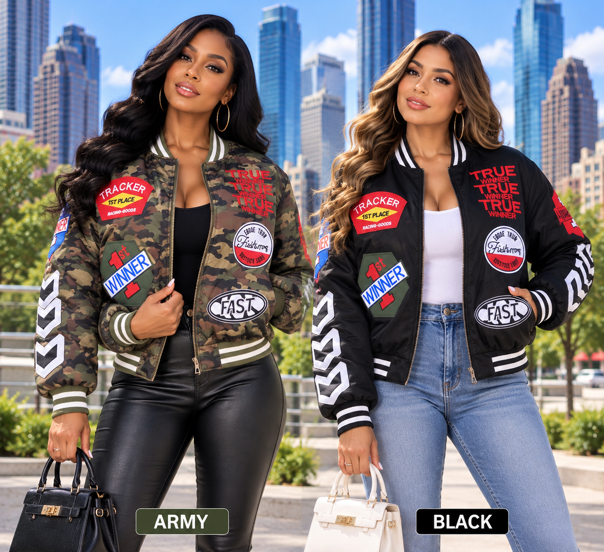 Women's Multi-Patch Padded Bomber Jacket – Army / Black