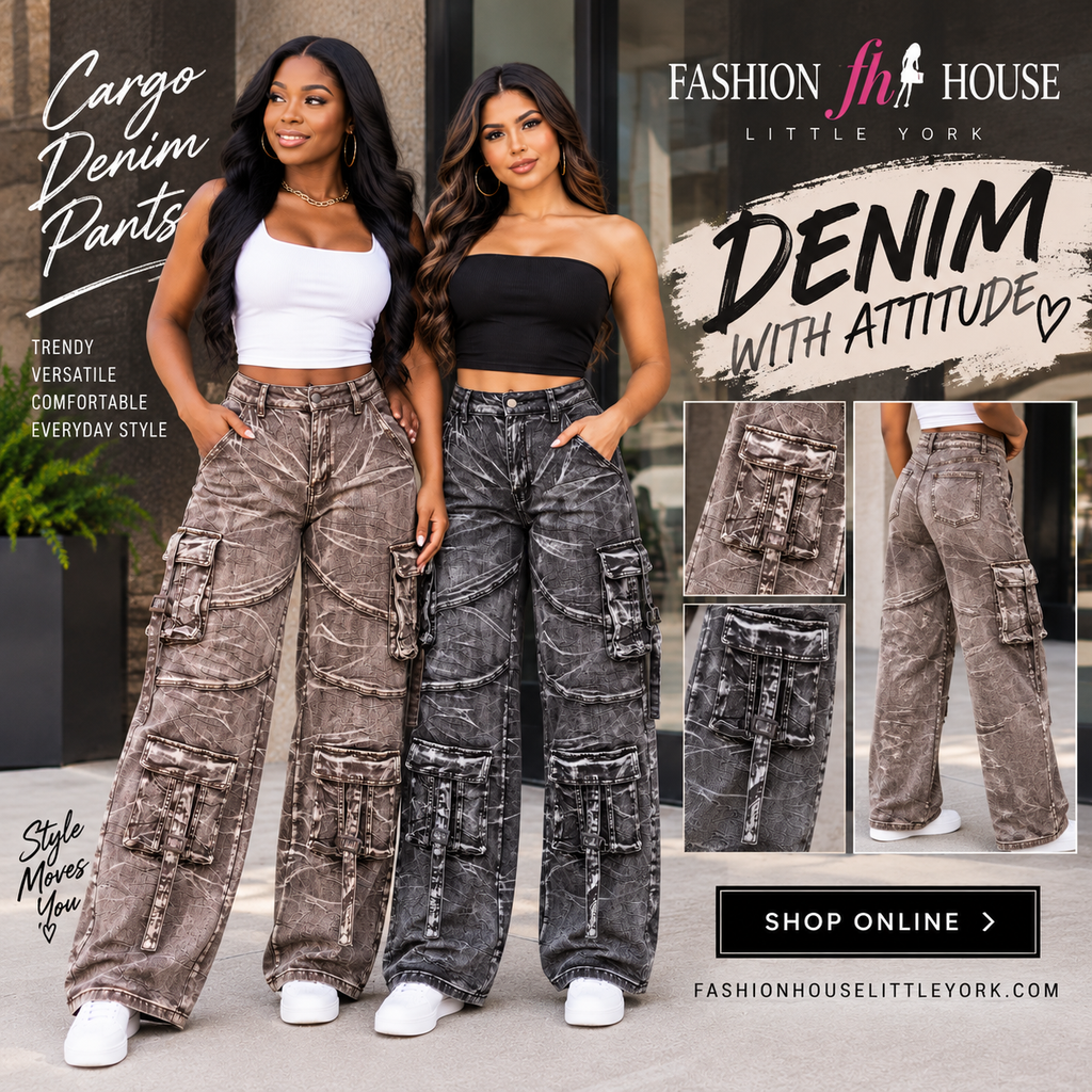 Acid Wash Cargo High Waist Wide Leg Denim Pants