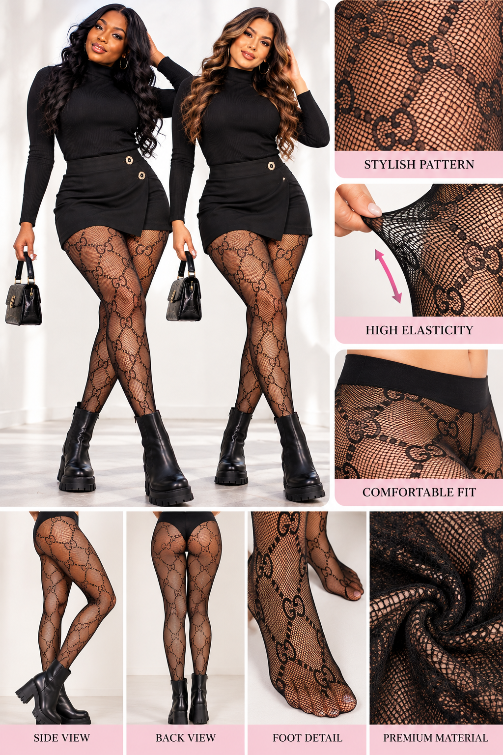 Women's Black Chain Pattern Fishnet Tights – One Size