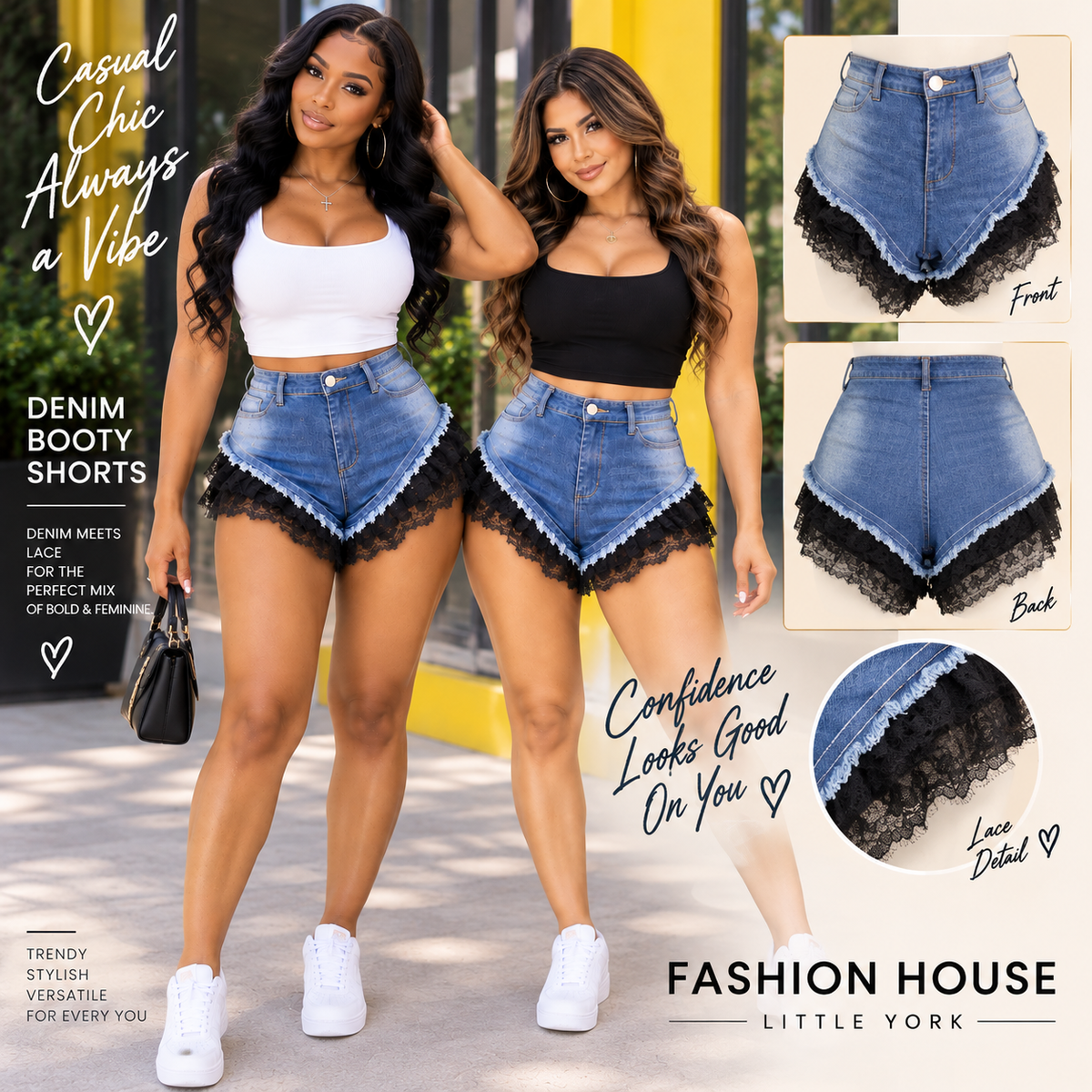 High-Waisted Denim Booty Shorts with Black Lace Trim