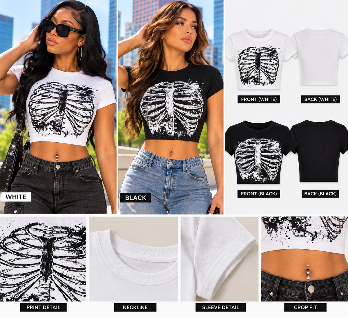 Women's Rib Cage Graphic Crop Top – Skeleton Print Baby Tee